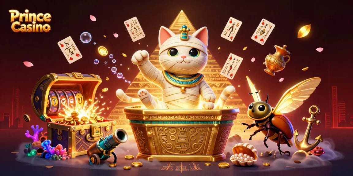 Experience excitement at Prince Casino with a mummy cat and scarab beetle in a vibrant gaming scene.