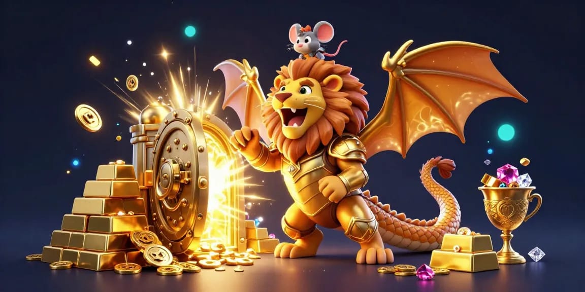 Experience thrilling action with rakhoitv showcasing a roaring chimera and gold treasure in a rich casino-themed scene.