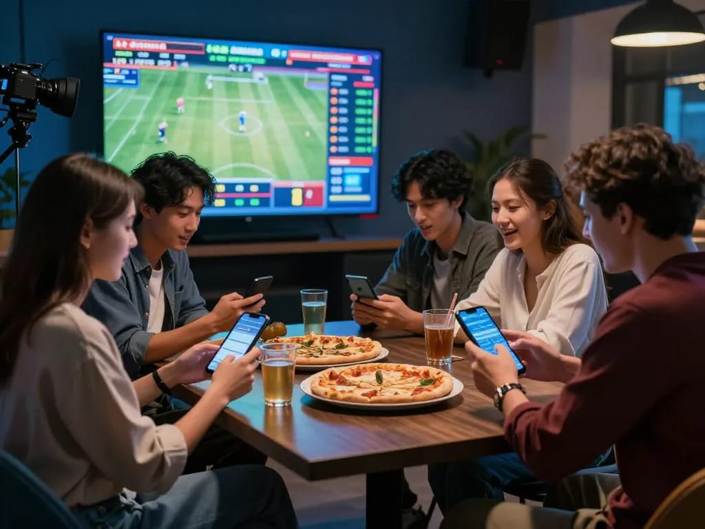 Dynamic sports betting at NHÀ CÁI DABET with friends excitedly placing bets on mobile devices.