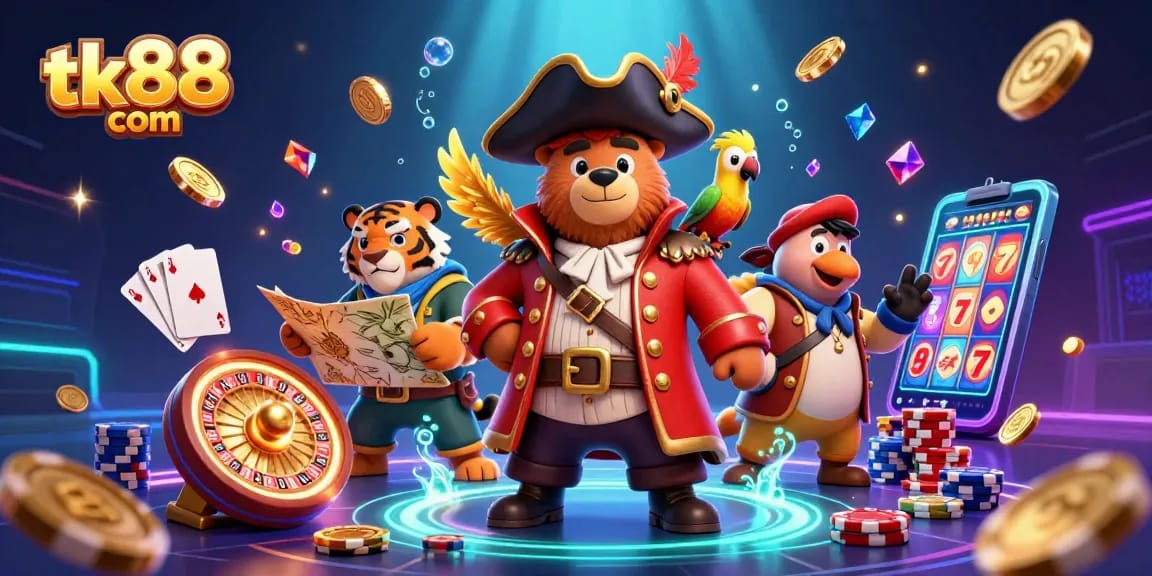 Join the adventure at tk88 com with a vibrant casino-themed pirate scene full of excitement.