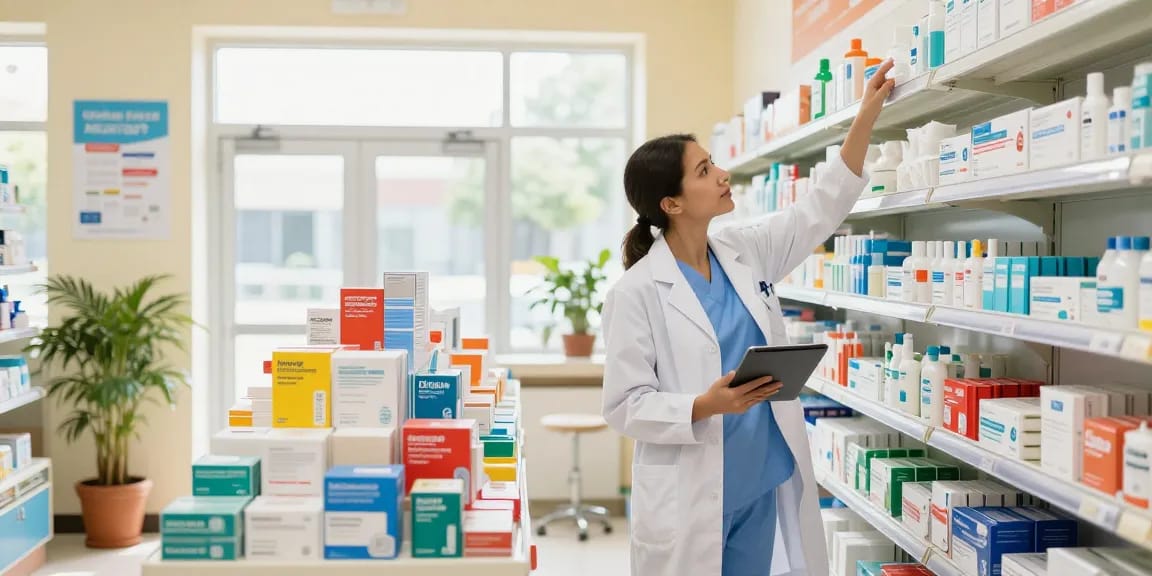 Medical Supplies displayed in a healthcare store with a professional restocking shelves, showcasing organization and accessibility.