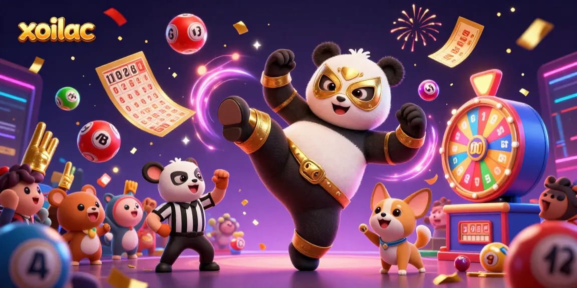 Xoilac brings vibrant energy to a casino-themed illustration featuring an animated wrestler panda and an excited crowd.