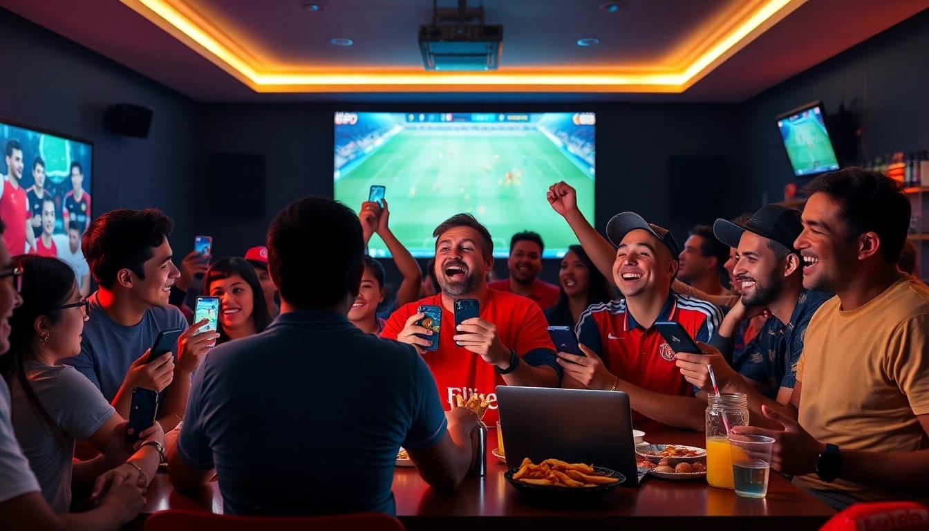 Socolive trực tiếp bóng đá atmosphere with fans enjoying live streaming football on devices