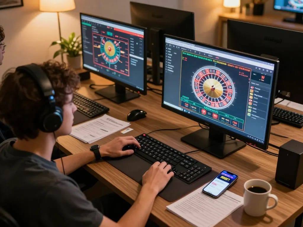RR88 online player engaging in live dealer roulette from a stylish home gaming setup.