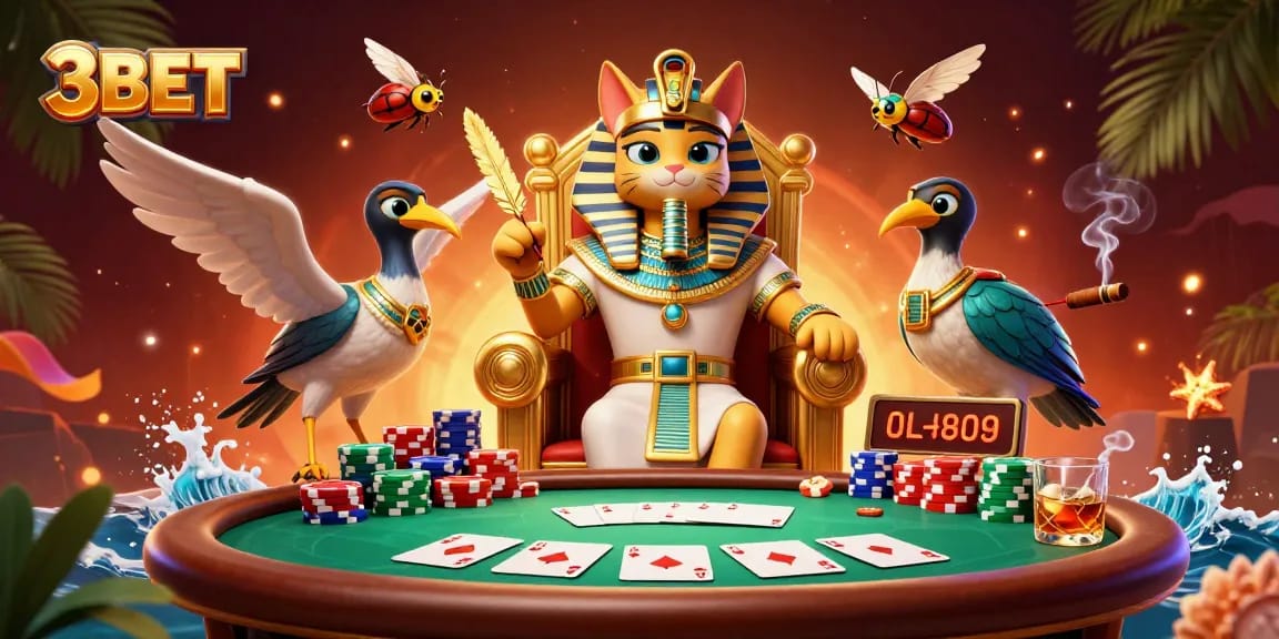 Engage with 3BET's vibrant casino scene featuring a pharaoh cat and poker elements.