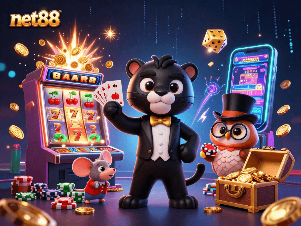 Experience jackpots with net88 as the panther elegantly deals cards while the owl holds poker chips.