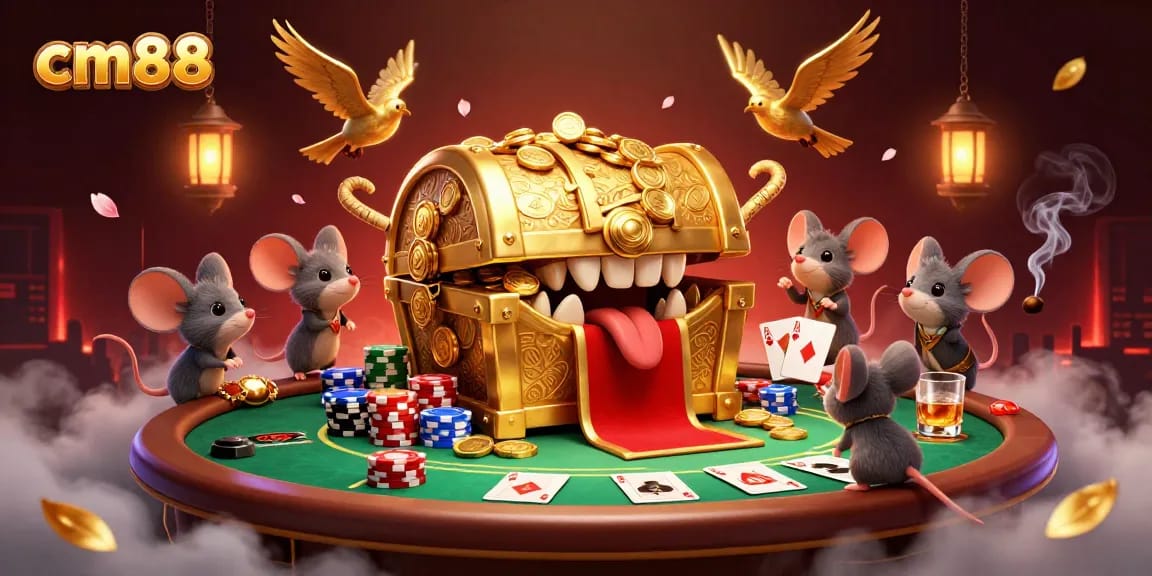 Experience thrilling gameplay at cm88 with cartoon treasures, poker tables, and immersive casino elements.
