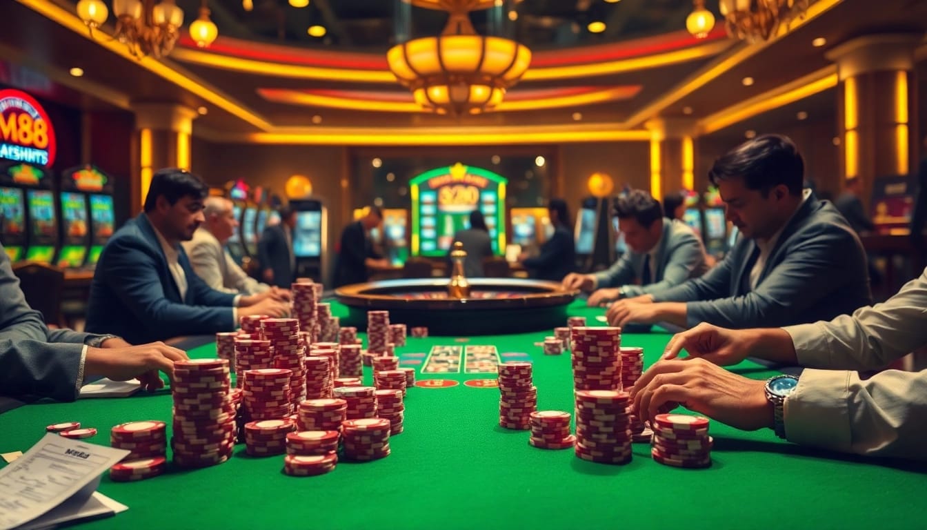 Engage in thrilling gameplay at Mm88 with luxurious casino elements like chips and roulette.