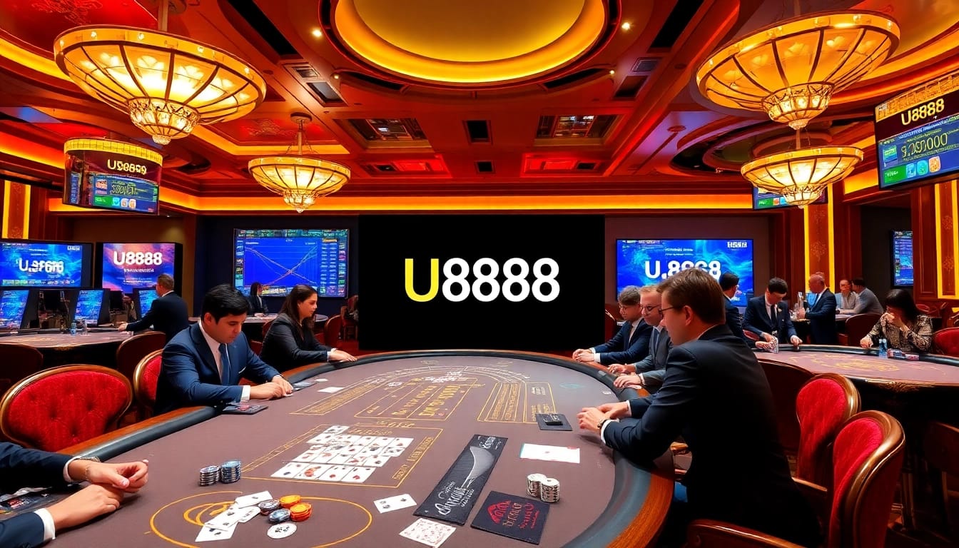 Exciting U888 casino experience with vibrant poker tables and dynamic online gambling action.
