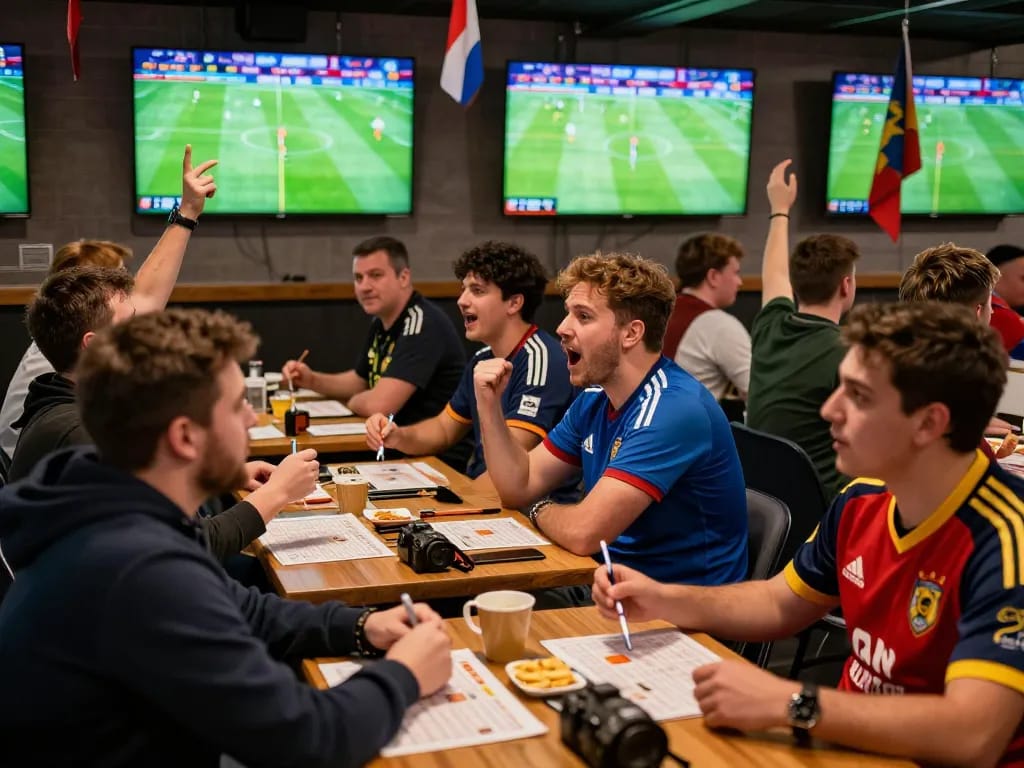 Excited fans analysing kèo nhà cái while watching a live football match at a bustling betting venue.