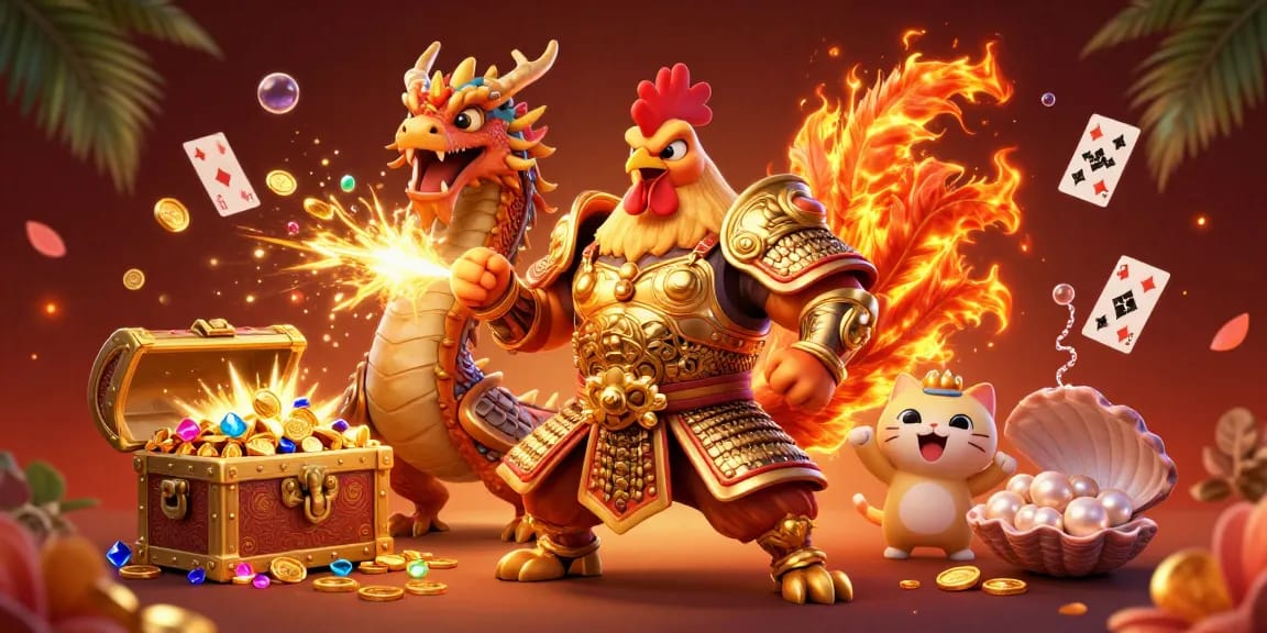 Experience thrilling gaming at lc88 with a dynamic scene featuring a rooster warrior, dragon hatchling, and cheerful cat mascot.