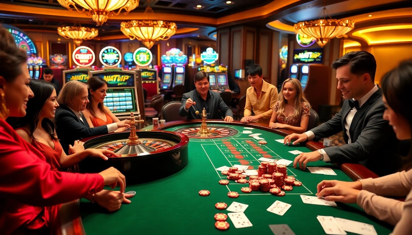 Players enjoying an exciting game at a NHATVIP casino table with vibrant poker chips and roulette.