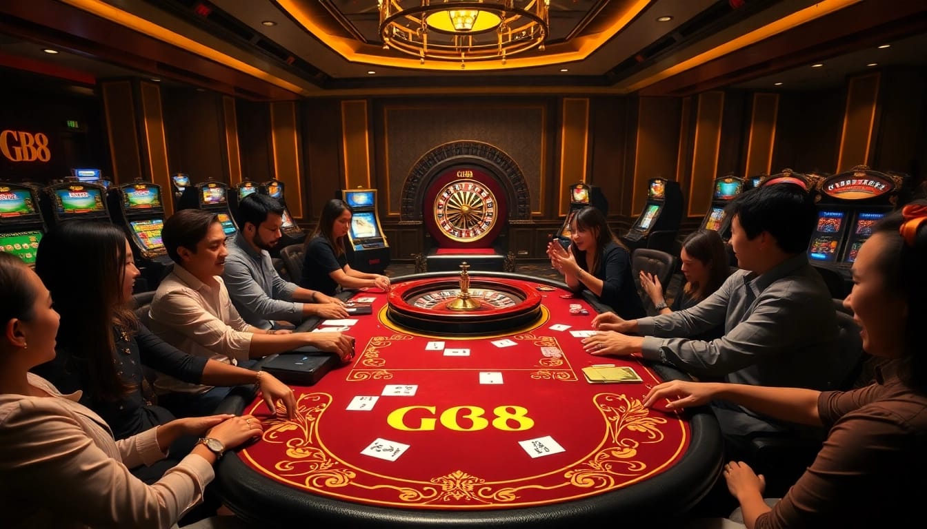 A dynamic GG88 gaming table scene with players enjoying high-stakes action in a luxurious casino environment.