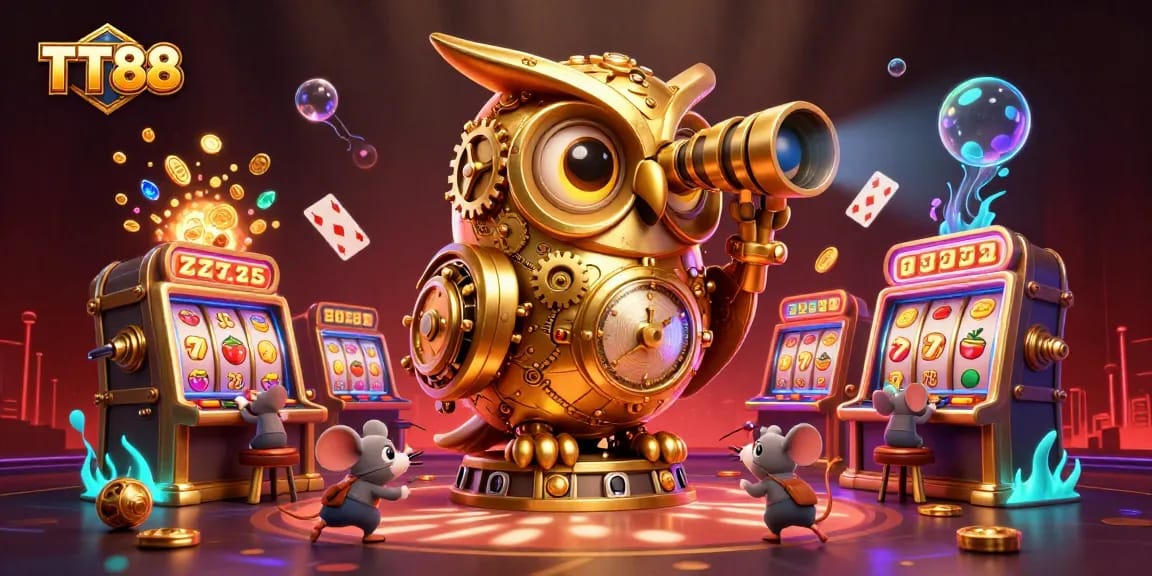 Engage with TT88's vibrant casino scene featuring a golden owl and charming mice among slot machines.