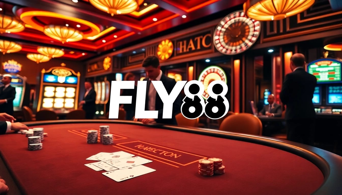 Fly88 casino scene with players at the poker table, vibrant slot machines, and roulette wheel lighting up excitement.