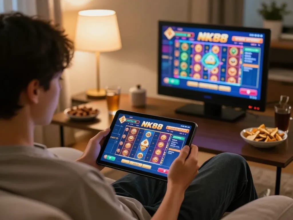 Engaging in the NK88 casino game at home, showcasing gameplay on a tablet with a cozy atmosphere