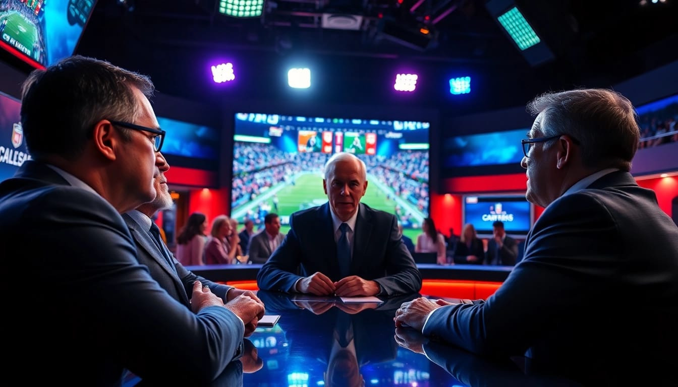 Commentators discussing Sports Broadcasting with live footage backdrop and energetic atmosphere.