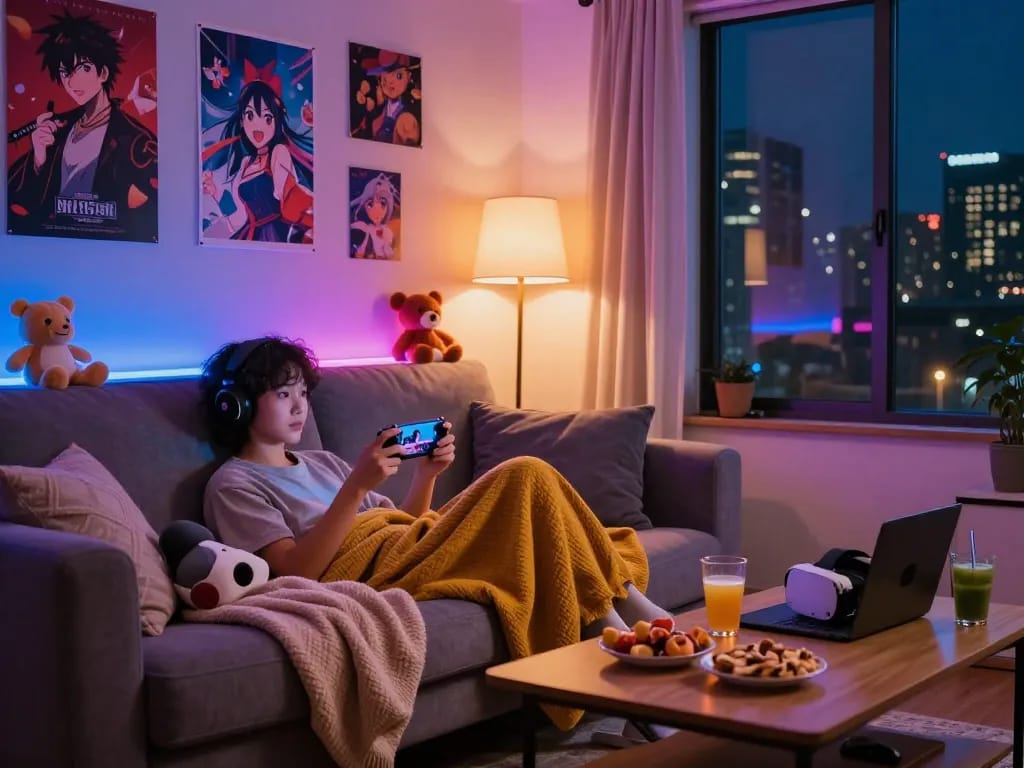Engaging adult game experience with cozy atmosphere, colorful lights, and gaming setup.
