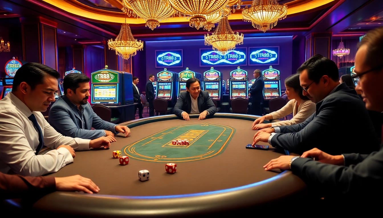 Players enjoying a thrilling game of poker at a luxurious casino featuring TR88-themed decorations.