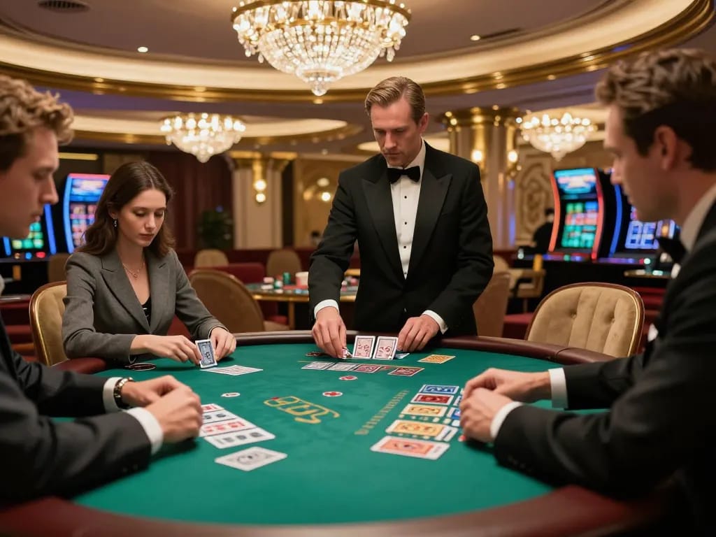 Permainan blackjack dengan taruhan tinggi di kasino elegan yang menampilkan v87 di pusat aksi, pemain terlibat dan fokus.