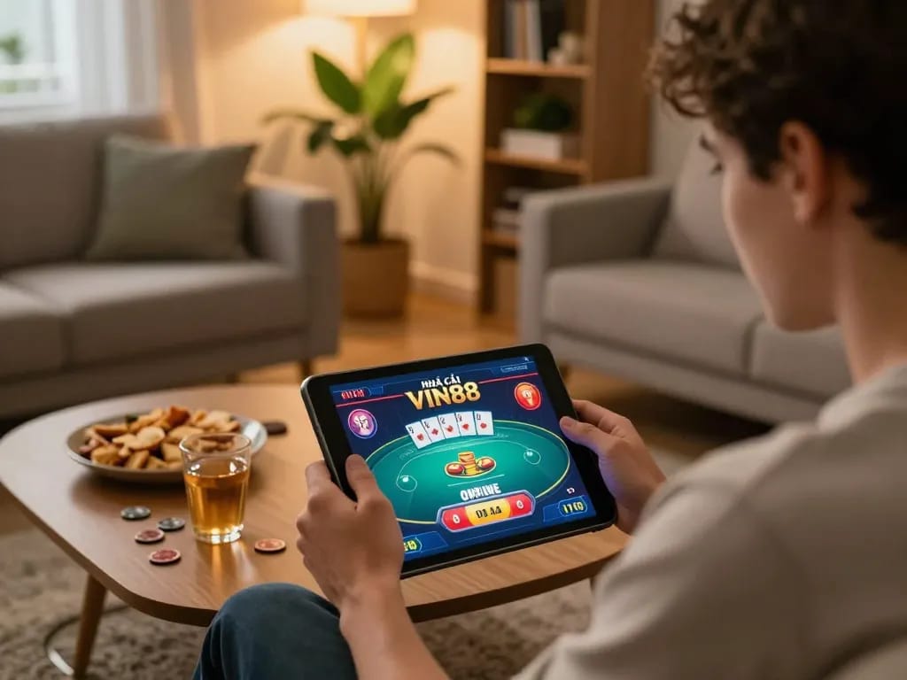 Person engaged in online gaming with NHÀ CÁI VIN88 on a tablet in a cozy living room setting