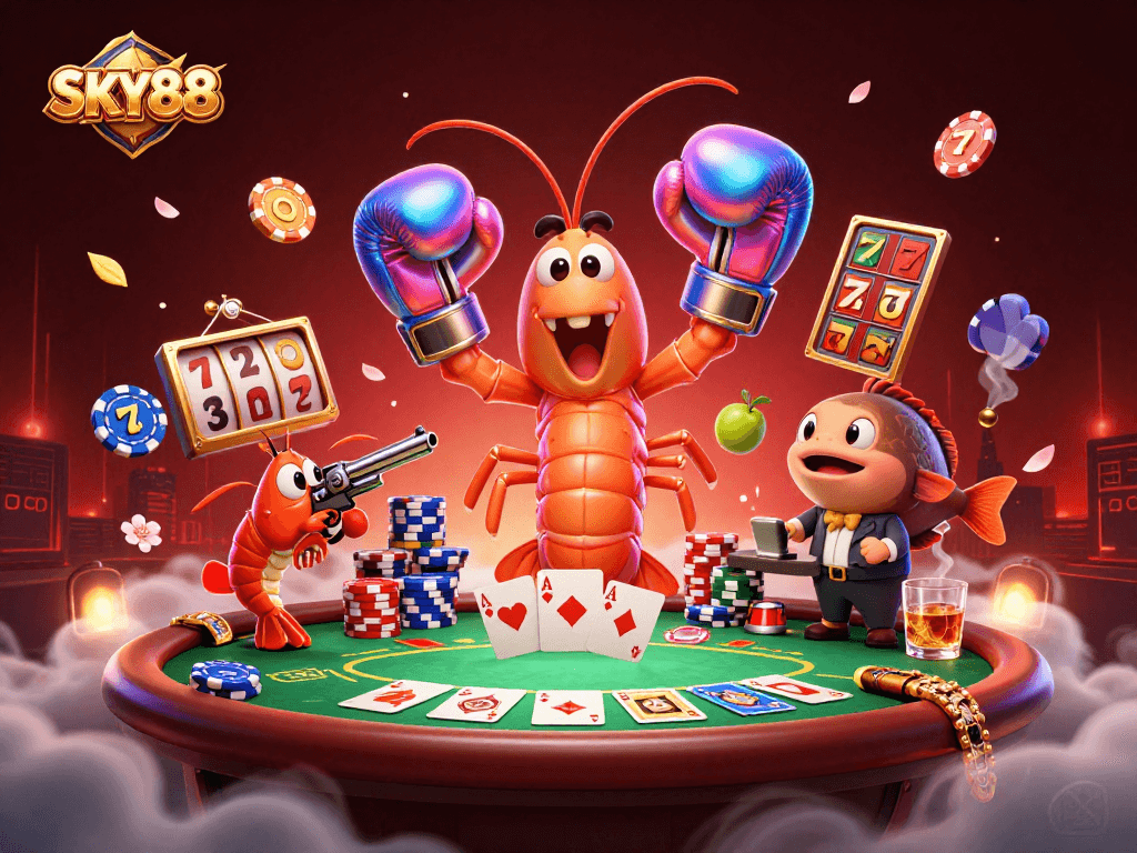 Experience exciting gaming action at SKY88 with iridescent shrimp characters and vibrant casino elements.