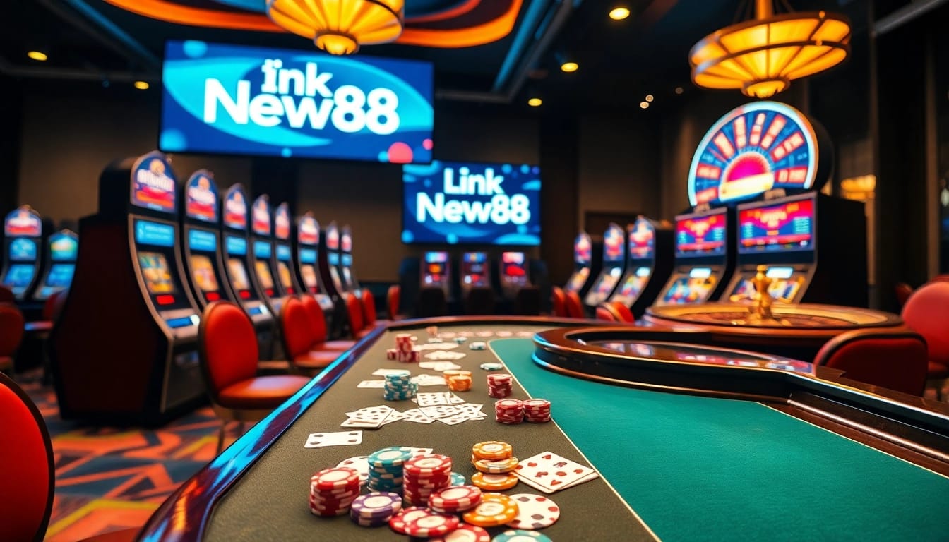 Engaging online gambling scene featuring the link new88 alongside casino tables and vibrant chips.