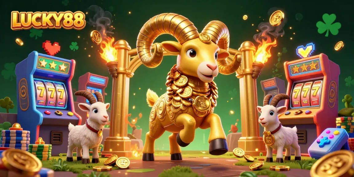 LUCKY88 invades with vibrant slot machines, golden ram, and classic gaming aesthetics.
