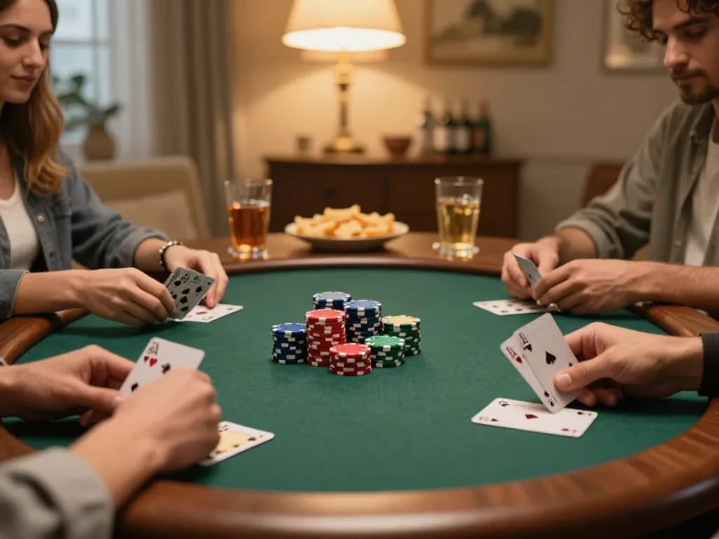 Experience the thrill of nhà cái 789win poker with players strategizing at a private game night.
