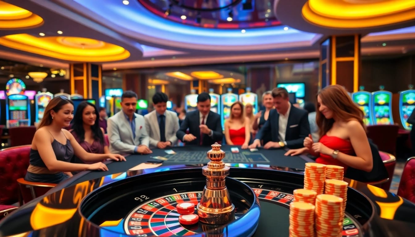 Excited players engaging in high-stakes betting at PS99's luxurious online casino.