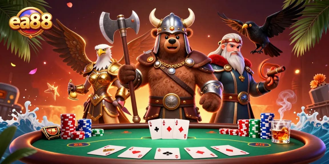 Win big with ea88 while enjoying a thrilling poker scene featuring a Viking bear and Valkyrie eagle.