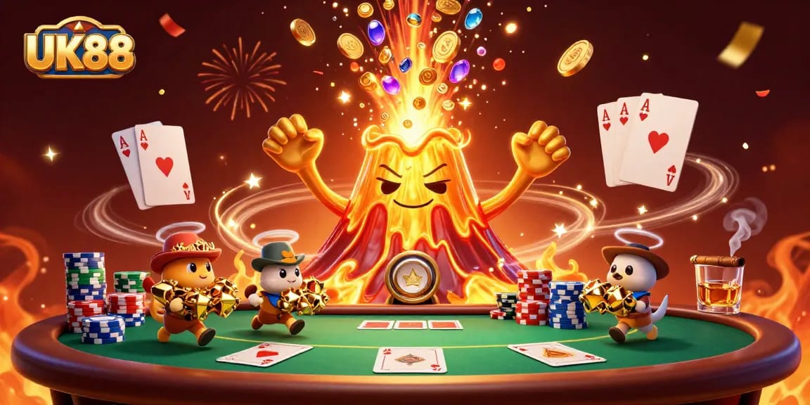Experience the excitement of UK88 as treasures erupt from a golden volcano in this vibrant casino scene.