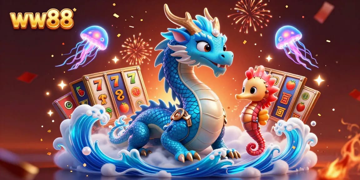 Experience thrilling adventures at ww88 with an azure water dragon, seahorse knight, and slot reels.