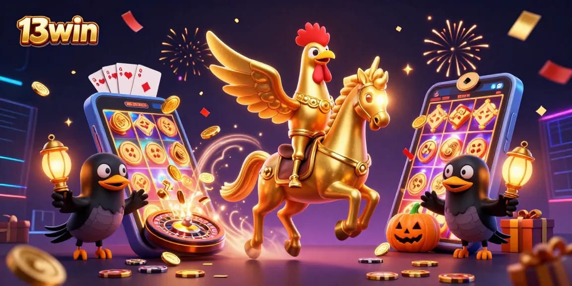 Play thrilling slot games at 13win while enjoying energetic casino characters in a festive atmosphere.
