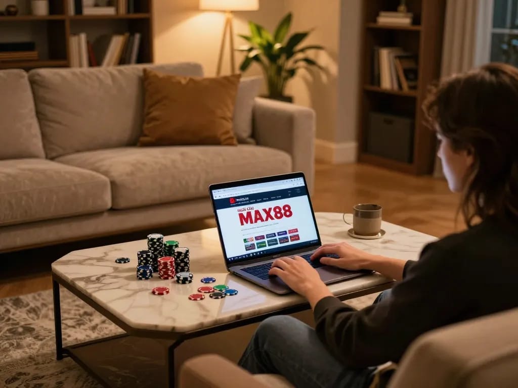 Engaging with NHÀ CÁI MAX88 on a laptop for online gambling from a cozy home