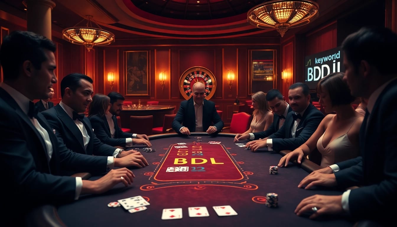 Players engaging at a high-stakes poker table in a luxurious casino scene featuring BDJL branding.