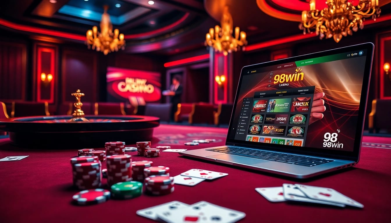 Experience the thrill of 98win with a vibrant online casino scene featuring poker chips and roulette.