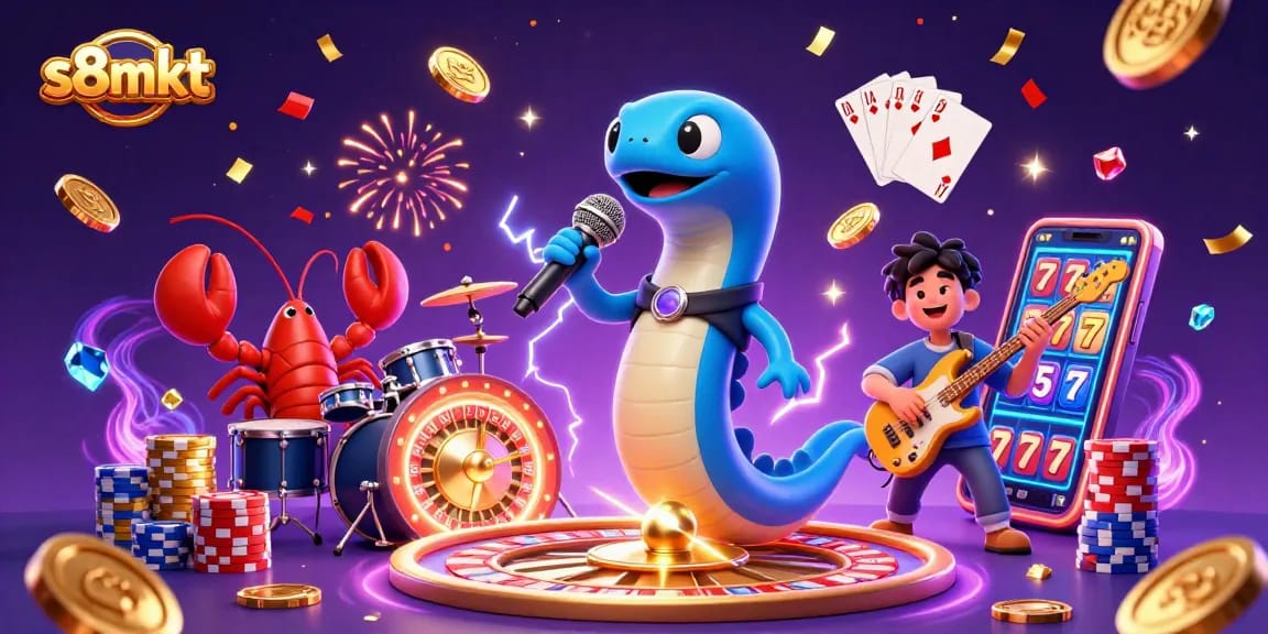 Experience thrilling gameplay at s8mkt with vibrant 3D illustration showcasing dynamic casino elements and lively characters.