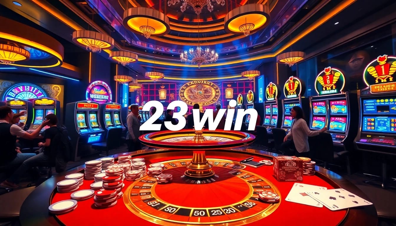 Engaged players enjoying thrilling games at 23win casino, featuring roulette and poker elements.