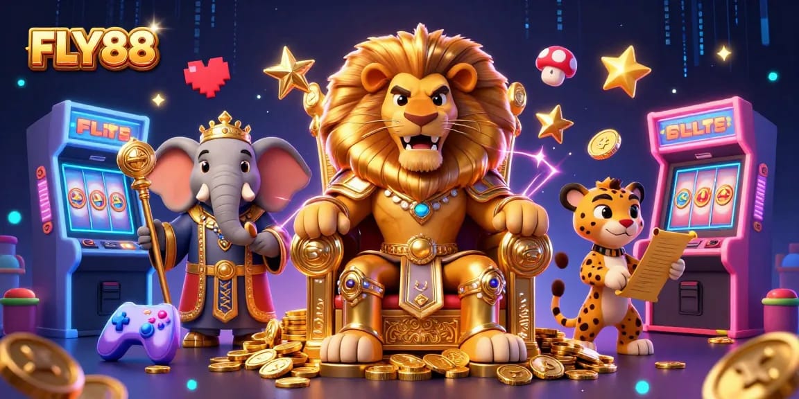 Experience the game mastery at FLY88 with vibrant casino-themed 3D characters and dynamic gaming elements.