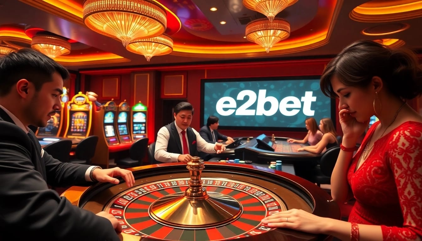 Exciting casino scene featuring E2bet players at a roulette table with vibrant chips and a winning atmosphere.