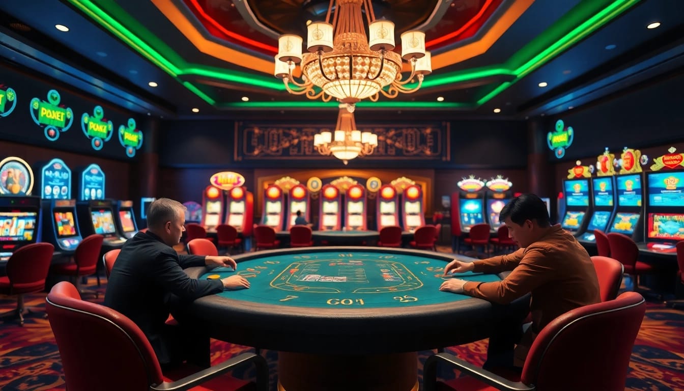 Un casino en ligne fiable avec des joueurs au poker, ambiance vivante et machines à sous colorées.