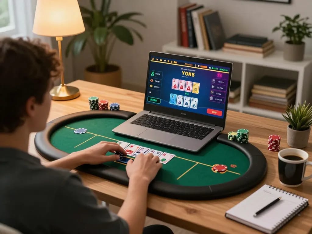 Red88 online casino gaming scene showcasing live poker table action and player's strategic decisions at home