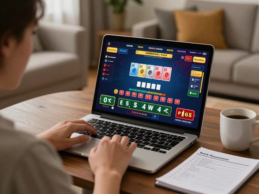 Xo88 player engaged in live baccarat at home, highlighting strategic gameplay and bankroll management.