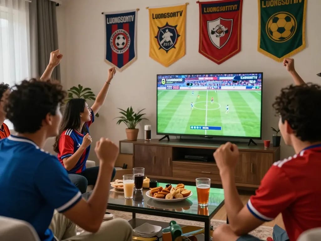 Friends enjoying a live football match on LuongSonTV in a vibrant living room atmosphere.