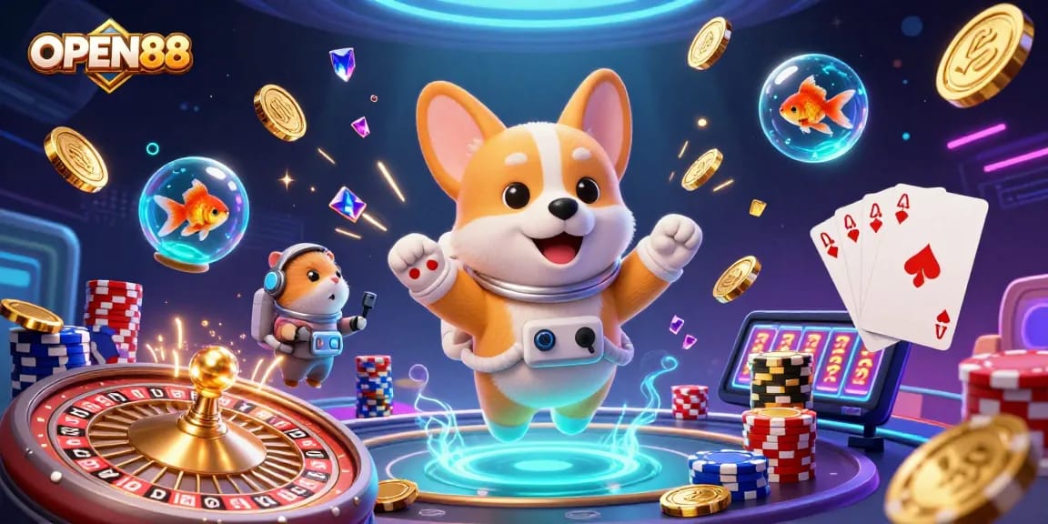 Experience exciting gaming at OPEN88 with a vibrant 3D casino scene featuring animated characters and casino elements.