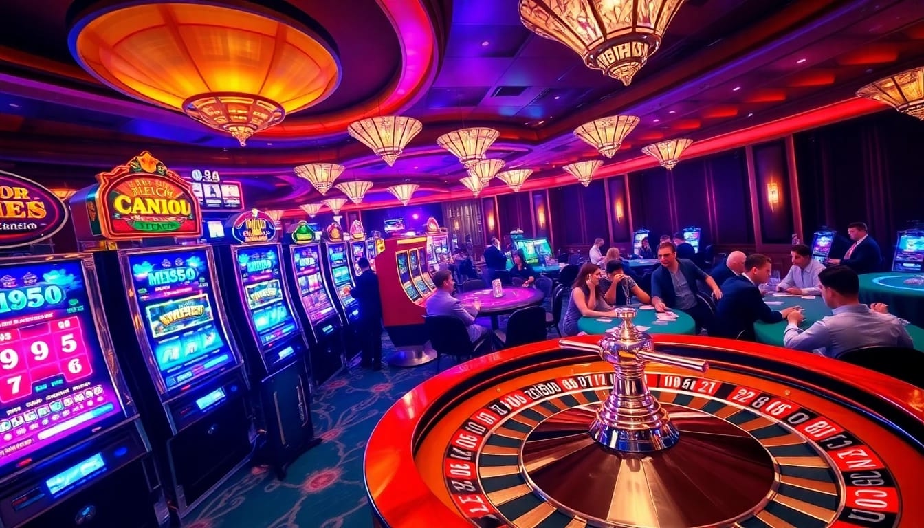 Engaging scene of casino thrill at nohu90 with vibrant slot machines and poker tables.