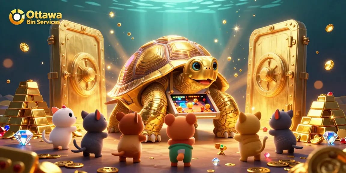 Experience top-tier gaming with Ottawa Bin Services, featuring a vibrant pinball machine tortoise in a treasure-filled scene.