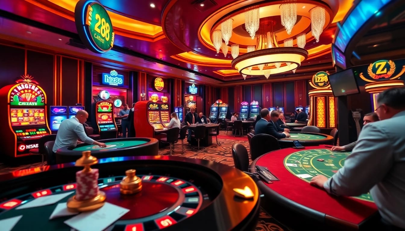 Excited gamblers playing at a luxurious casino featuring hz88 tables, slots, and vibrant betting action.