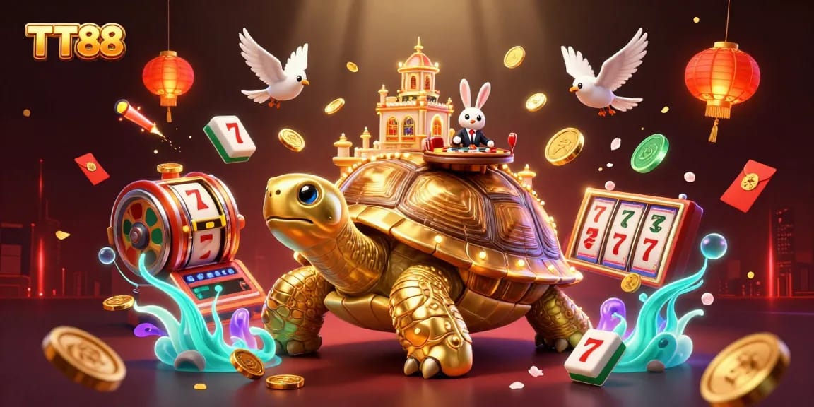 Experience exciting gaming action with TT88 featuring a golden tortoise casino and a rabbit dealer.